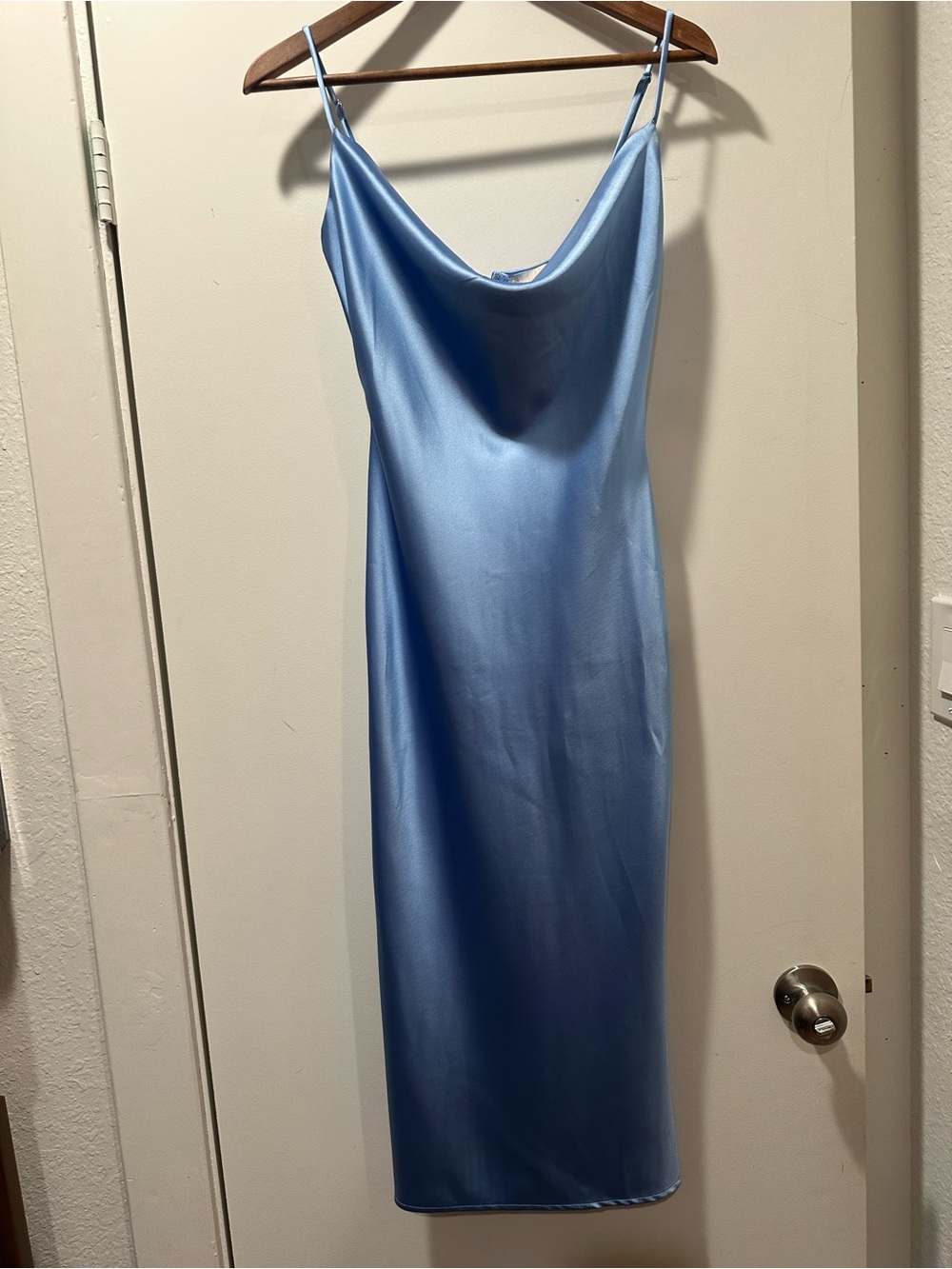 Meshki Satin Cowl Slip Midi Dress in Sky Blue - Picture 2 of 5